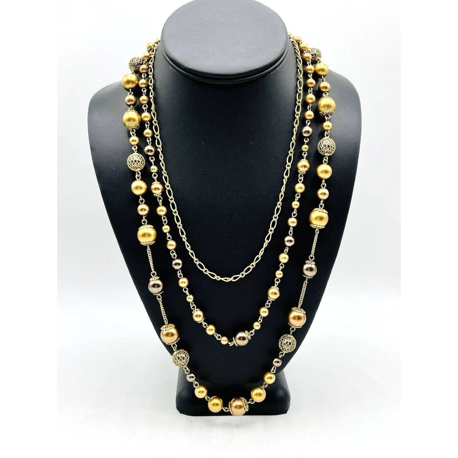 Vintage Carolee Satin Gold Tone Faux Pearl Multi Strand Statement Necklace 24 19$